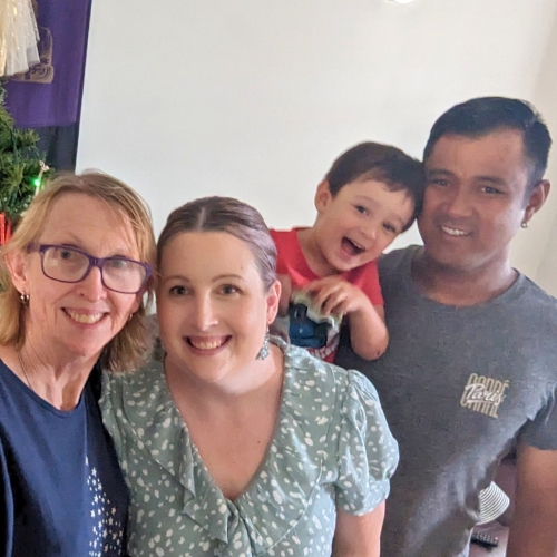 Nicole's little family, and her mum, Jennifer, are all gathered together for a happy family photo at home Nicole's little family, and her mum, Jennifer, are all gathered together for a happy family photo at home